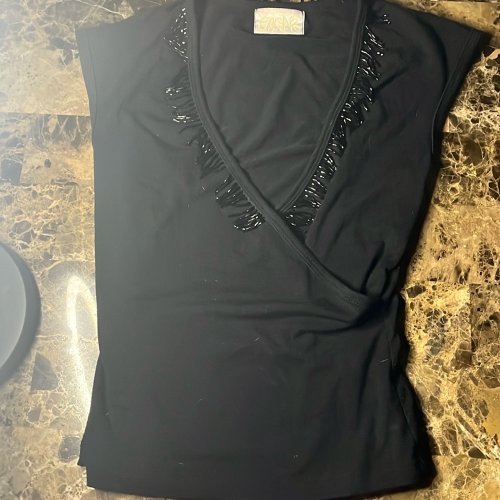 Black criss cross V neck with beaded edge